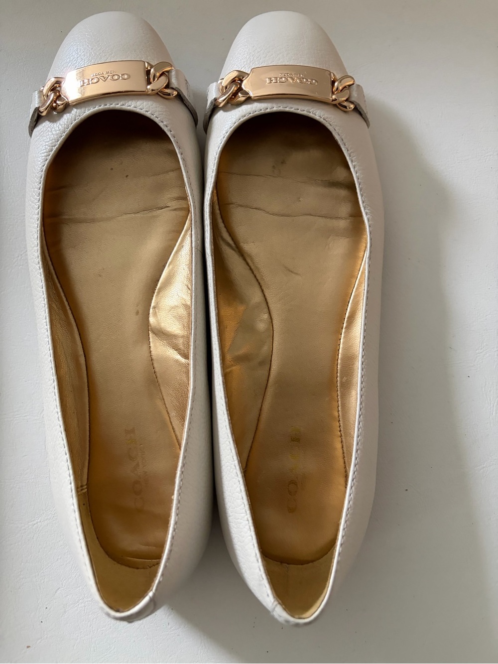 COACH Ivory Leather Ballet Flats with Gold Plaque - Picture 2 of 5